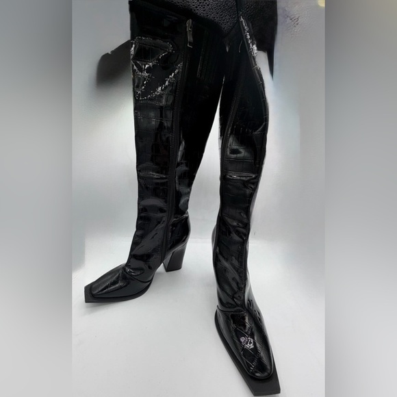 Princess Polly Black Croc Patent Knee High Boots Square Toe Block Heel Size 6 - Picture 6 of 9